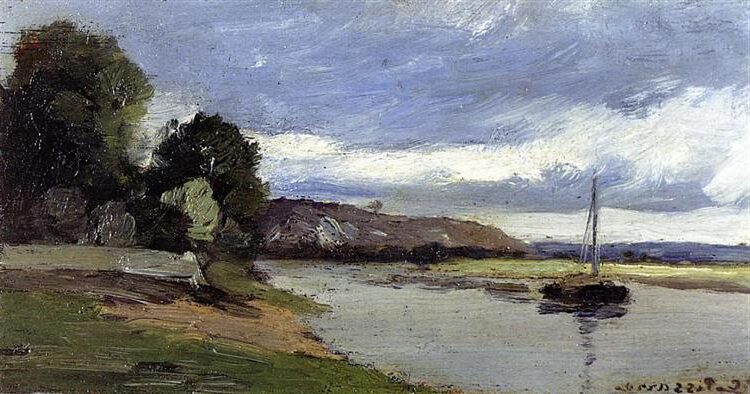 Banks of a River with Barge (c.1864) by Camille Pissarro showcases his evolving style before fully embracing Impressionism.