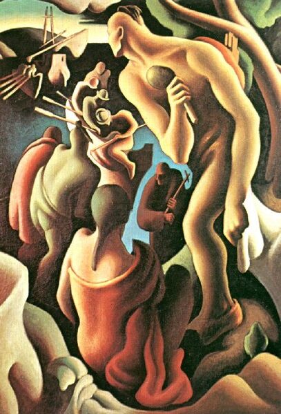 American Discovery Viewed by Native Americans (1922) by Thomas Hart Benton reflects a dramatic portrayal of the moment when European explorers first arrived on American shores