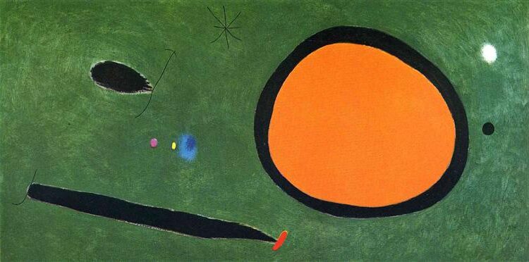 Bird's Flight in Moonlight, 1967 by Joan Miró portrays a poetic vision of a bird soaring under the moonlight.