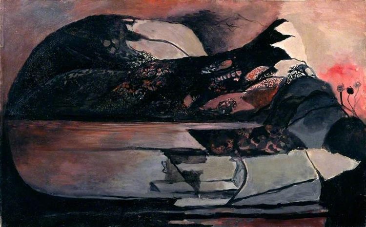 Black Landscape, 1940, by Graham Sutherland reflects the ominous mood of wartime Britain through abstracted natural forms and brooding tones.