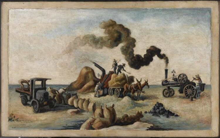 Louisiana Rice Fields (1928) by Thomas Hart Benton reflects laborers harvesting rice in expansive, sunlit fields