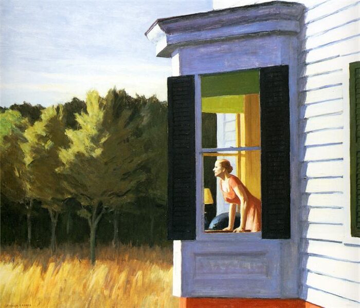 Cape Cod Morning (1950) by Edward Hopper reflects a sense of anticipation and quiet isolation.