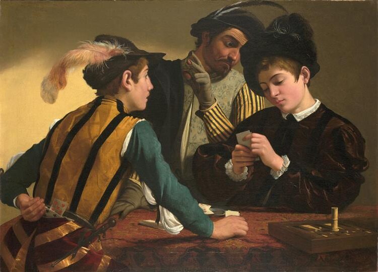 Cardsharps (I Bari) (c.1594) reflects a tense, deceptive gambling scene where a naïve young man falls victim to two cunning cheats