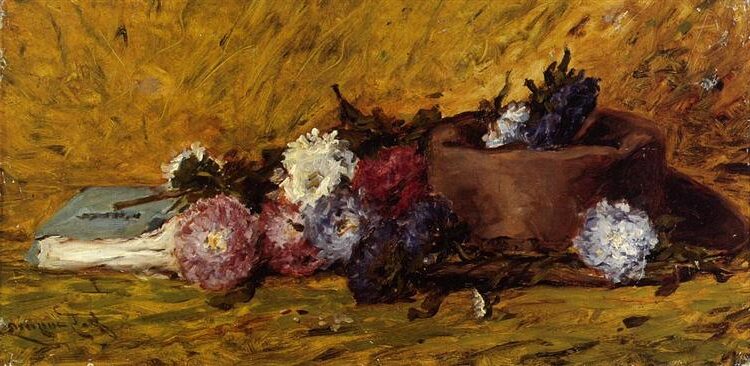 China Asters, Hat and Book, c.1876 reflects an early still-life composition showcasing Gauguin’s developing artistic style. 
