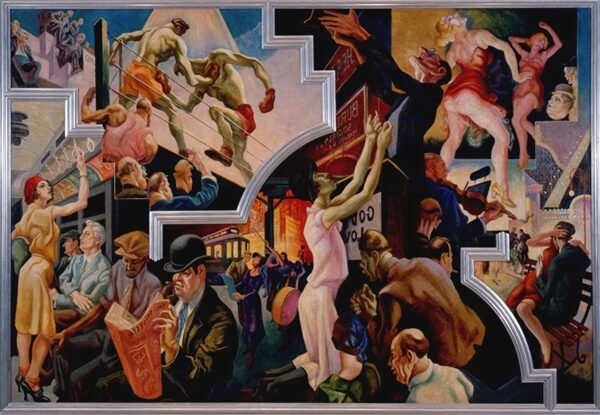 City Activities with Subway (1931) reflects the vibrant, chaotic energy of New York City, particularly focusing on the subway system