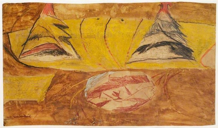 Cornfield and Stone, 1944 reflects the tension between nature and abstraction through a Neo-Romantic landscape of textured fields and jagged forms.
