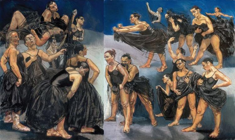 Dancing Ostriches from Disney’s 'Fantasia', 1995, by Paula Rego reflects a bold feminist twist on ballet by portraying strong, tutu-clad women with raw physicality.