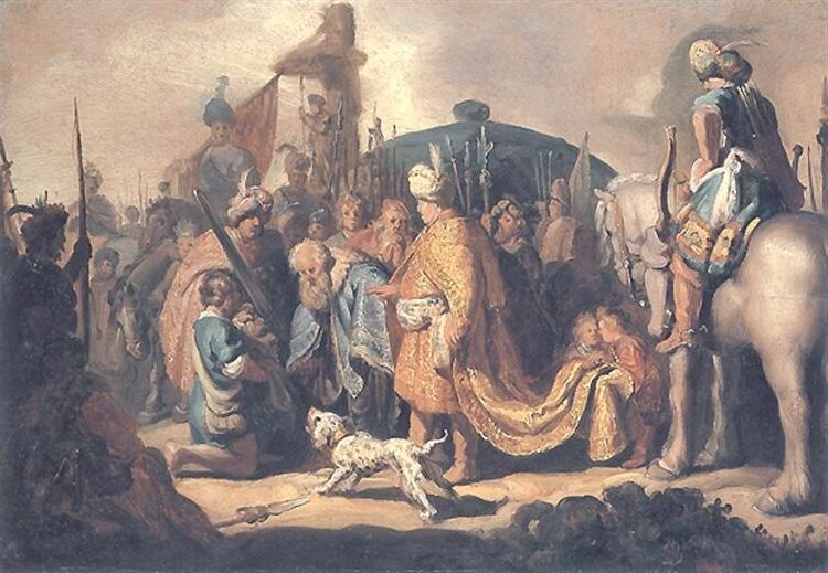 David Offering the Head of Goliath to King Saul (1627) reflects the dramatic moment when David presents Goliath's severed head to King Saul