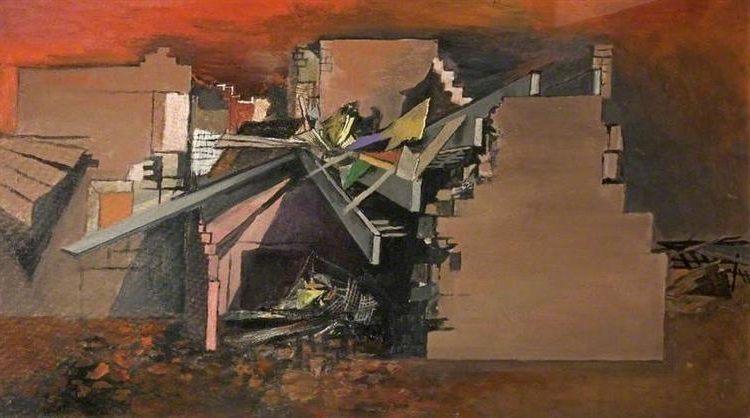 Devastation, House in Wales, 1939, by Graham Sutherland reflects the raw impact of wartime destruction through abstracted forms and fiery tones.