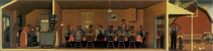 Dinner for Threshers (1934) reflects a detailed depiction of a traditional Midwestern farm scene with farmhands in a dining room