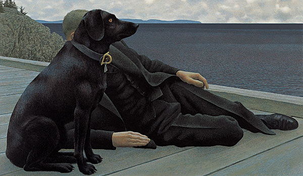 Dog and Priest (1978) reflects a scene where a man, presumably a priest, sits beside a black dog, both gazing out at a body of water