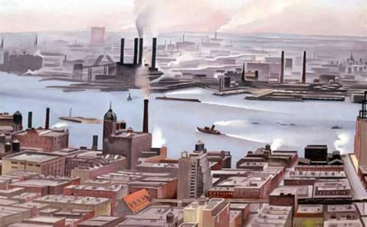 East River from the Thirtieth Story of the Shelton Hotel, 1928  reflects O'Keeffe's fascination with urban landscapes and her time living in New York City.