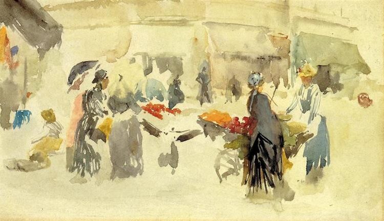 Flower Market, 1885, by James McNeill Whistler reflects his fascination with capturing the fleeting beauty of everyday life through delicate tonal harmonies.