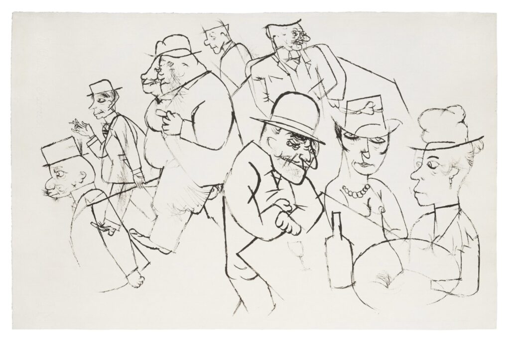 Schönheitsabend in der Motzstrasse, 1918, by George Grosz reflects the chaotic and decadent atmosphere of post-World War I Berlin.