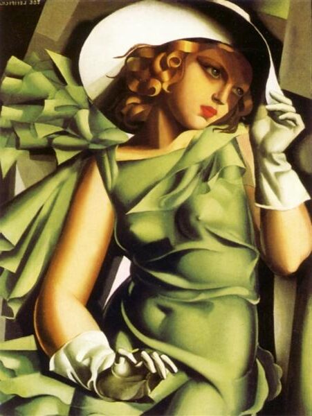Girl with Gloves (1929) by Tamara de Lempicka reflects the sleek, glamorous style of the Art Deco era, showcasing a woman confidently posed in a sophisticated manner