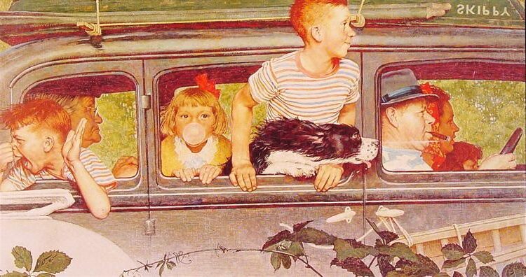 Going and Coming (1947) by Norman Rockwell captures the excitement and exhaustion of a family road trip.