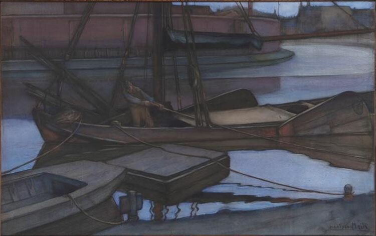Going Fishing (1900) by Piet Mondrian reflects his naturalistic and impressionistic phase before transitioning to abstraction.