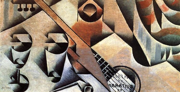 Guitar and Glasses (1912) by Juan Gris reflects a Cubist still life featuring a banjo and a set of glasses