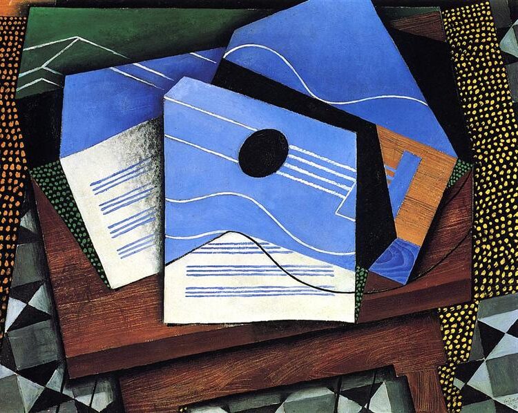 Guitar on a Table (1915) by Juan Gris reflects a Synthetic Cubist composition centered around a guitar placed on a table