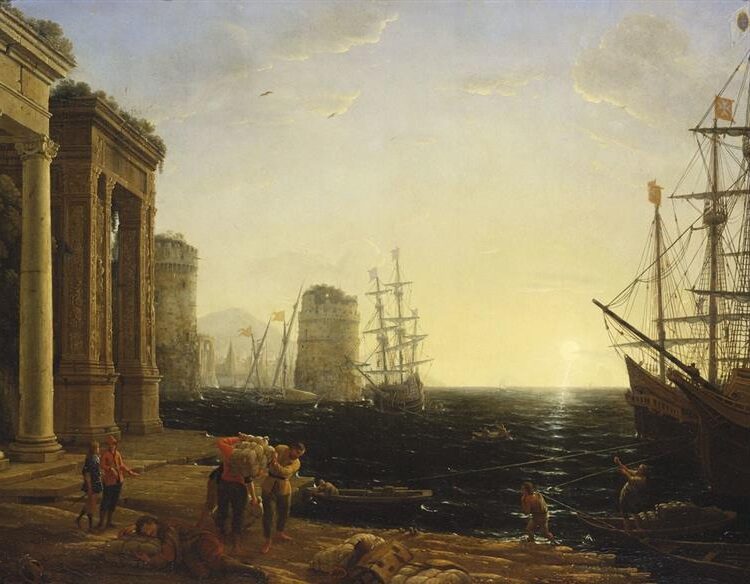 Harbour Scene at Sunset, 1643 by Claude Lorrain captures the serene beauty of a harbor at dusk.