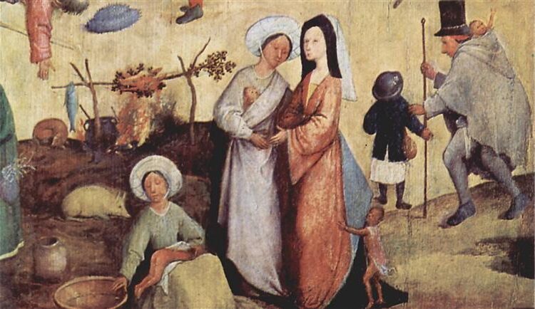 Haywain (detail) (1495–1500) reflects themes of human folly, materialism, and the fleeting nature of earthly pleasures.