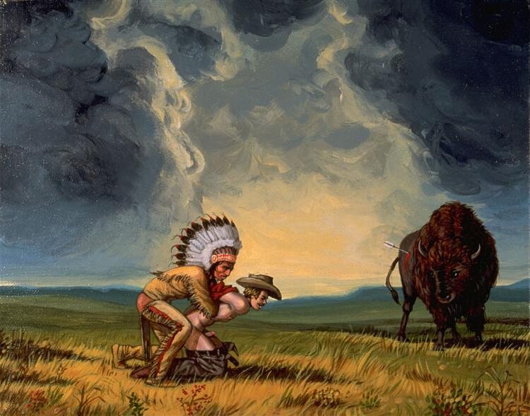 Heaven and Earth (2001) by reflects a dramatic scene where Indigenous figures engage with both celestial and earthly realms