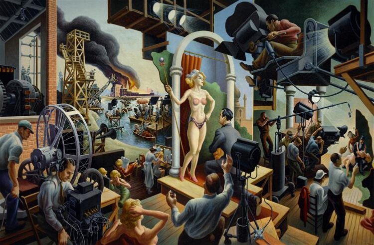 Hollywood, 1937–1938 by Thomas Hart Benton captures the glamorous yet chaotic world of the early American film industry.