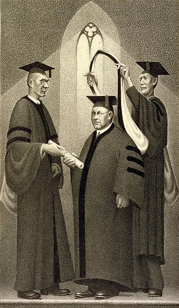 Honorary Degree (1938) by Grant Wood reflects a dignified academic ceremony, portraying an elderly scholar in traditional academic regalia