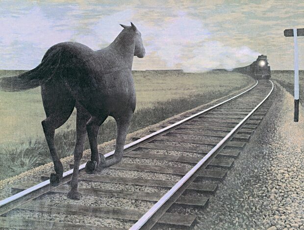 Horse and Train (1954) reflects a dramatic confrontation between a galloping horse and an oncoming train