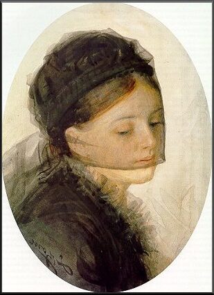 In Mourning (1880) by Anders Zorn reflects a grieving woman dressed in dark clothing, seated in solitude with a somber expression