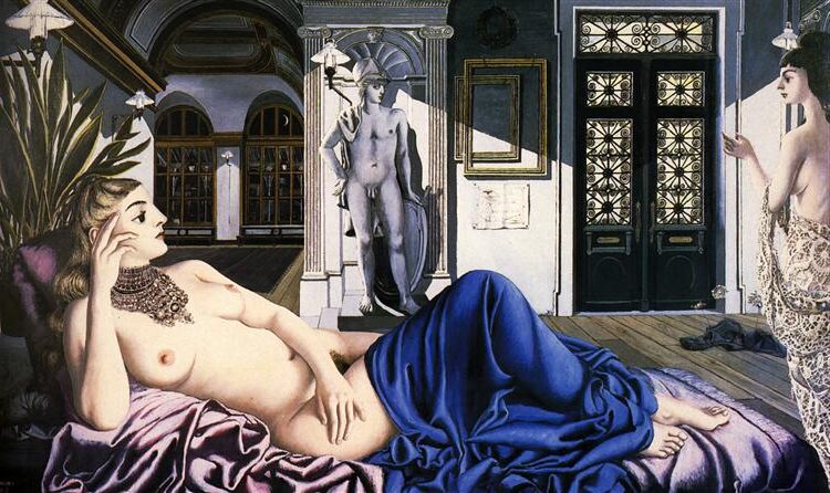In Praise of Melancholy (1948) by Paul Delvaux reflects a contemplative and dreamlike atmosphere.