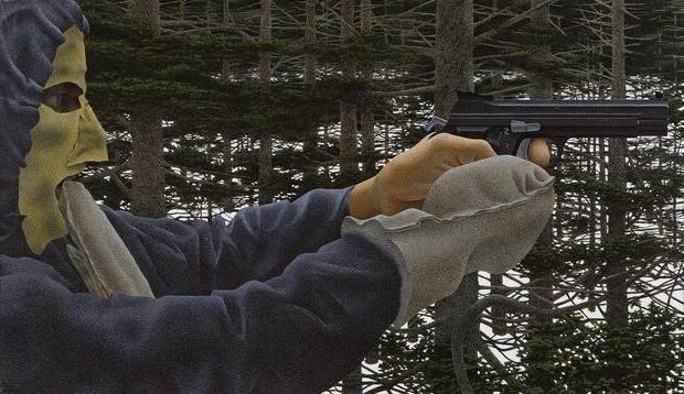 In the Woods (1976) reflects a scene in a snowy forest, where a man holding a gun stands amidst the quiet, wintry landscape