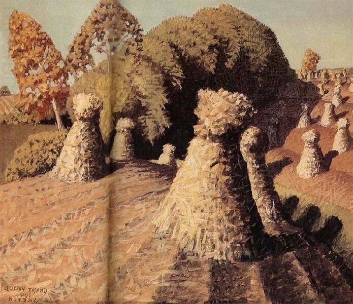 Iowa Cornfield (1941) by Grant Wood reflects a meticulously arranged rural landscape featuring rows of golden corn stretching toward the horizon