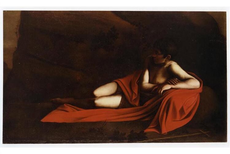 John the Baptist (Reclining Baptist) (1610) reflects a youthful, melancholic John the Baptist reclining in a dimly lit setting