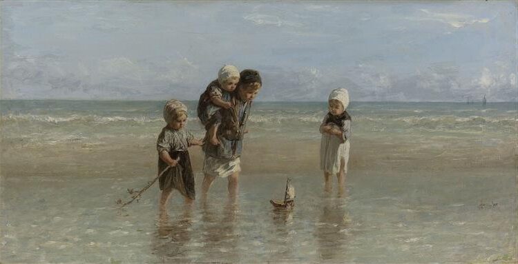 Children of the Sea (1872) by Jozef Israëls  reflects themes of innocence, nature, and the bond between children and the sea.