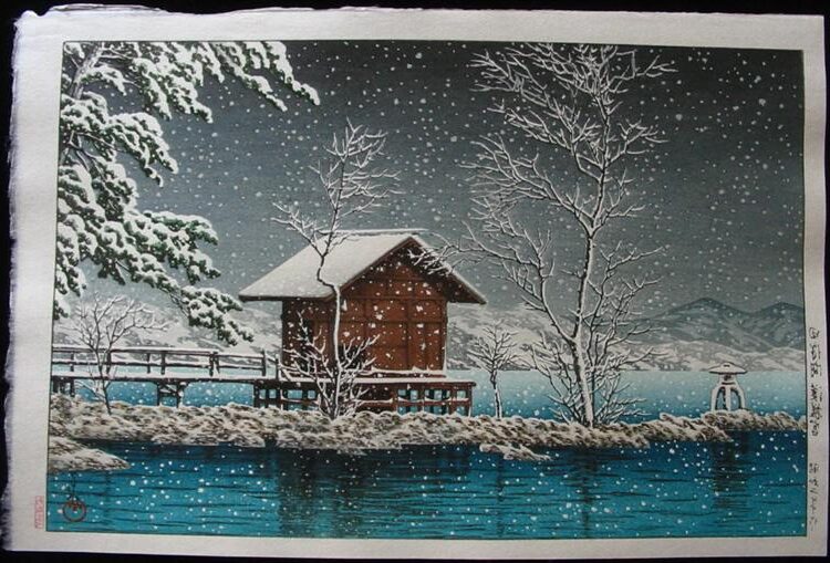 Kansau Shrine in Snow at Lake Tazawa (1927) reflects a tranquil winter scene featuring the Kansau Shrine