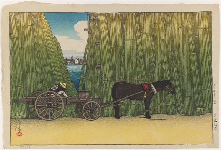 Tokyo 12 Dai Komatogashi (1919) reflects a whimsical scene where a donkey is harnessed to a cottage, carrying a man