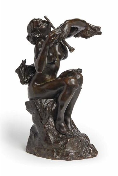La Joueuse de Flûte (1903) by Camille Claudel reflects the elegance and fluidity of a young woman playing the flute, her body poised in a graceful, almost ethereal manner