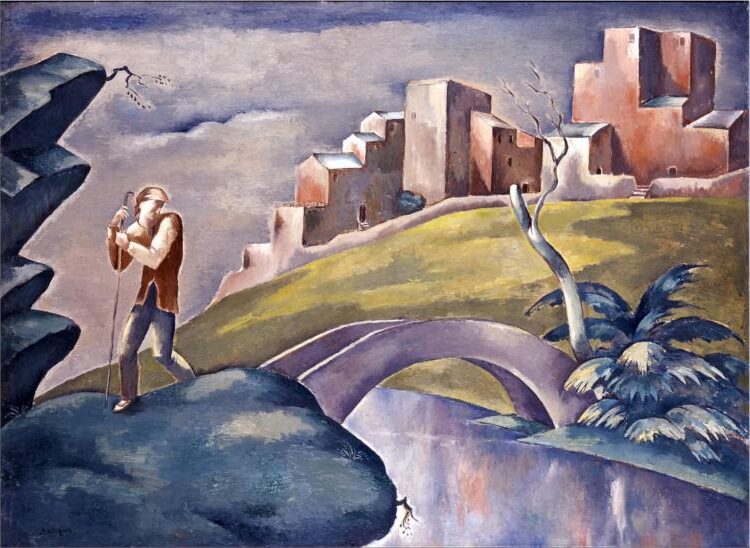 Landscape with a Palace (1916) reflects a serene portrayal of a grand palace set within a tranquil landscape
