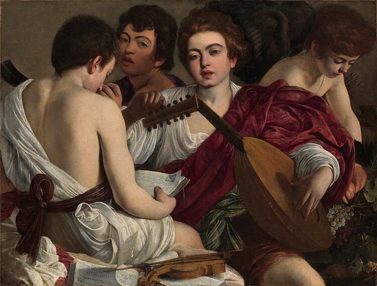 Musicians (c.1595) reflects a group of young men immersed in music, dressed in classical robes, playing instruments, and singing