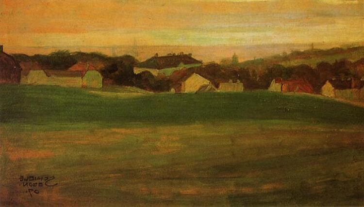 Meadow with Village in Background (1907) by Egon Schiele showcases Schiele’s youthful exploration of color and form.