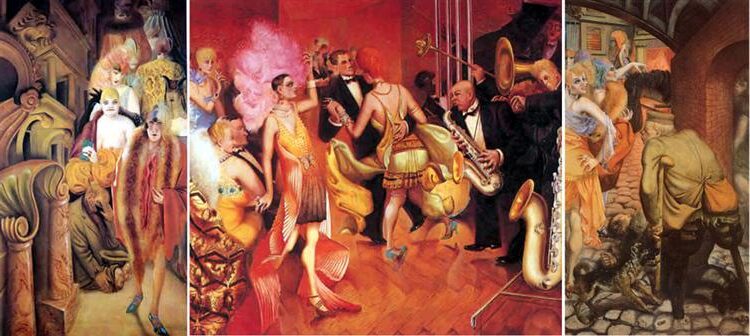 Metropolis, 1927–1928, by Otto Dix reflects the stark contrasts of Weimar-era Germany.