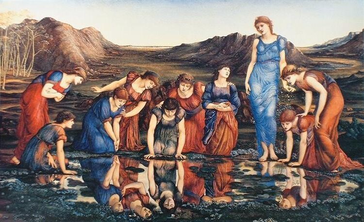 The Mirror of Venus by Edward Burne-Jones, c. 1870 - c. 1875 reflects an ethereal and dreamlike interpretation of feminine beauty.