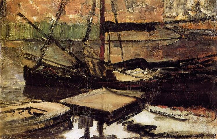 Moored Ships in the Sun (1899) by Piet Mondrian reflects his impressionistic style before his transition to abstraction.