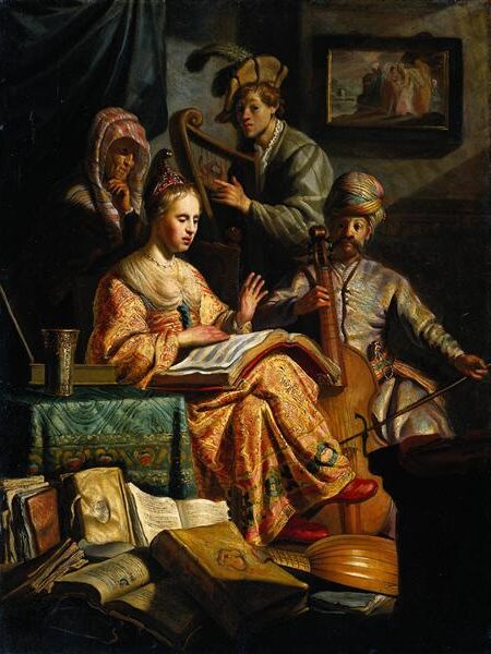 Musical Allegory (1626) by Rembrandt reflects the artist’s early exploration of symbolic themes, blending the visual arts with the intellectual and emotional power of music
