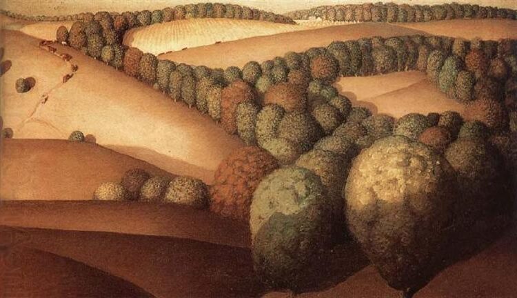 Near Sundown, 1933 by Grant Wood reflects a serene and idealized view of the American Midwest.