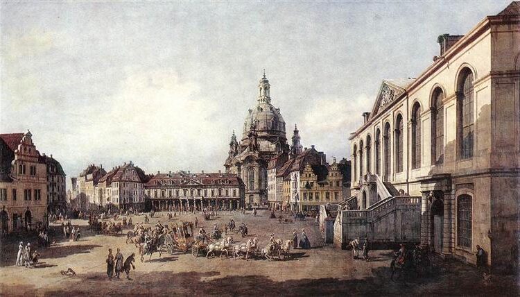 New Market Square in Dresden from the Jüdenhof (c. 1750) reflects the artist’s meticulous attention to architectural detail and urban life.
