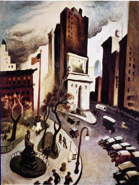 Madison Square Park in New York, City in the Early 1920s (1920) by Thomas Hart Benton reflects the bustling urban life of New York City during the early 20th century