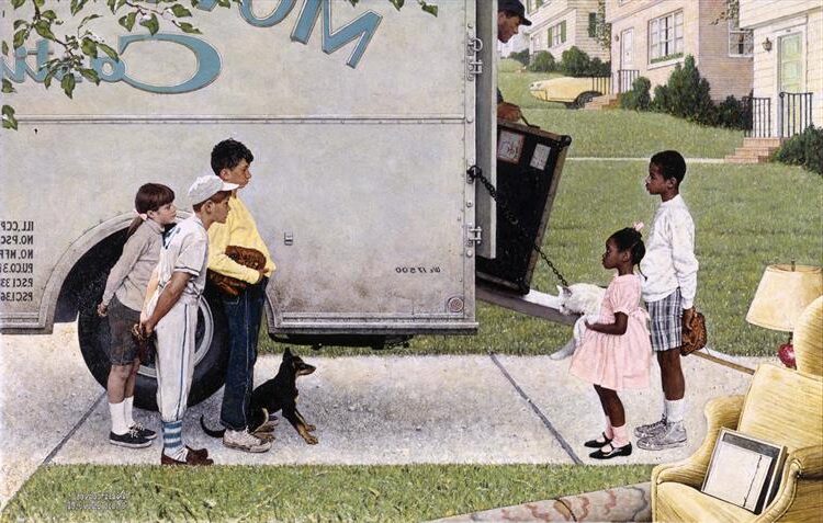New Kids in the Neighborhood (1967) by Norman Rockwell reflects themes of racial integration and social change in America during the Civil Rights Movement.