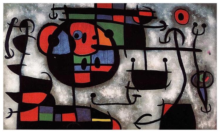 The Skiing Lesson, 1966 by Joan Miró captures movement and energy through bold lines, vivid colors, and whimsical forms.